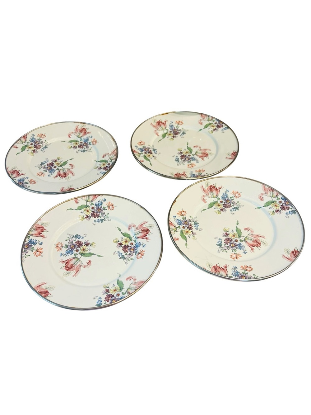 Vintage 1995 MacKenzie-Childs Camp Floral Enamel Dinner Plates Set of 4 Rare